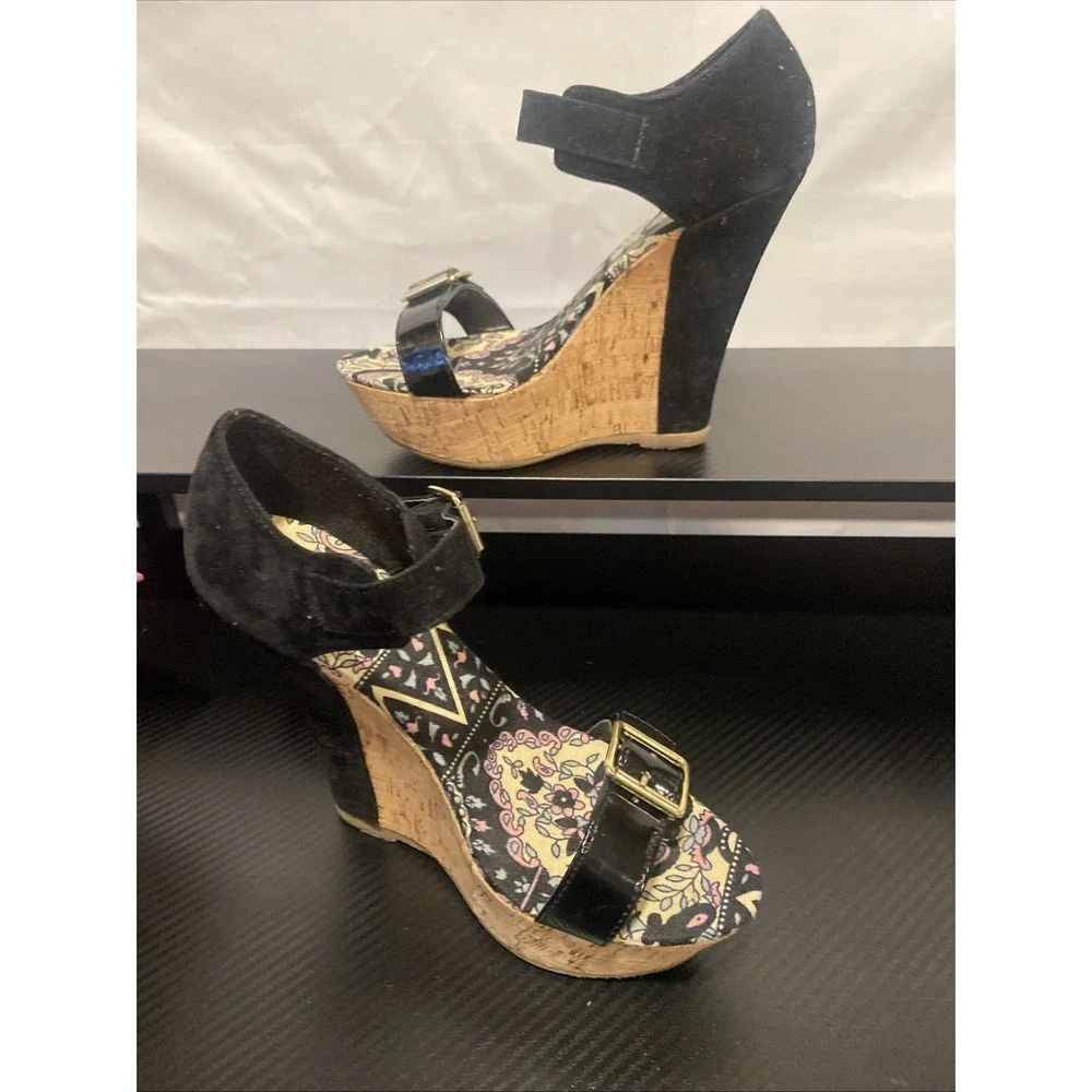 Bamboo Patent Wedge Smooch-14 Cork Sandals - Ankle Strap - Size 7.5